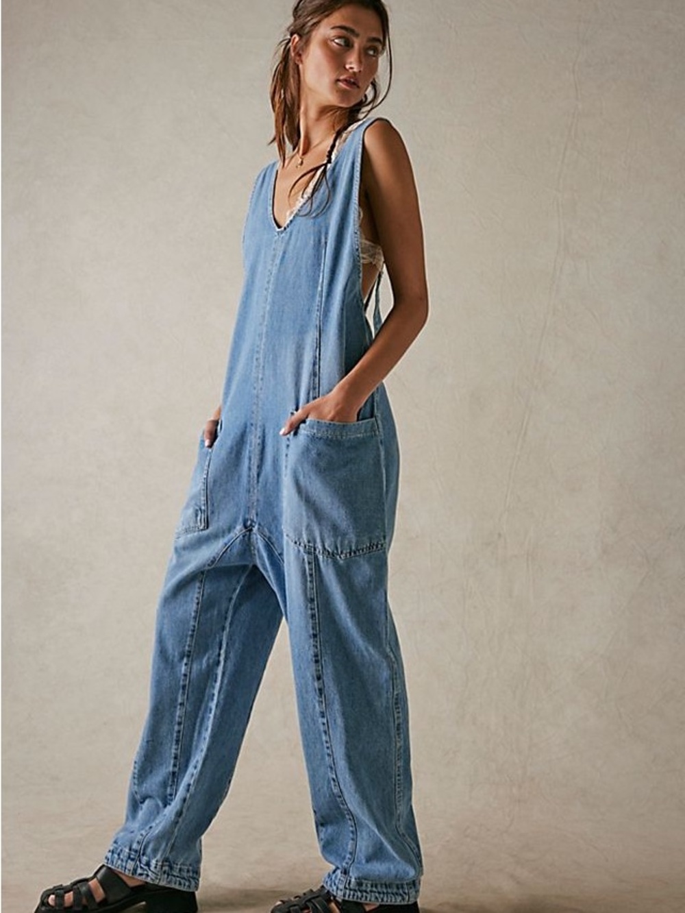 Free People Kansas High Roller Slouchy Denim Jumpsuit size small
